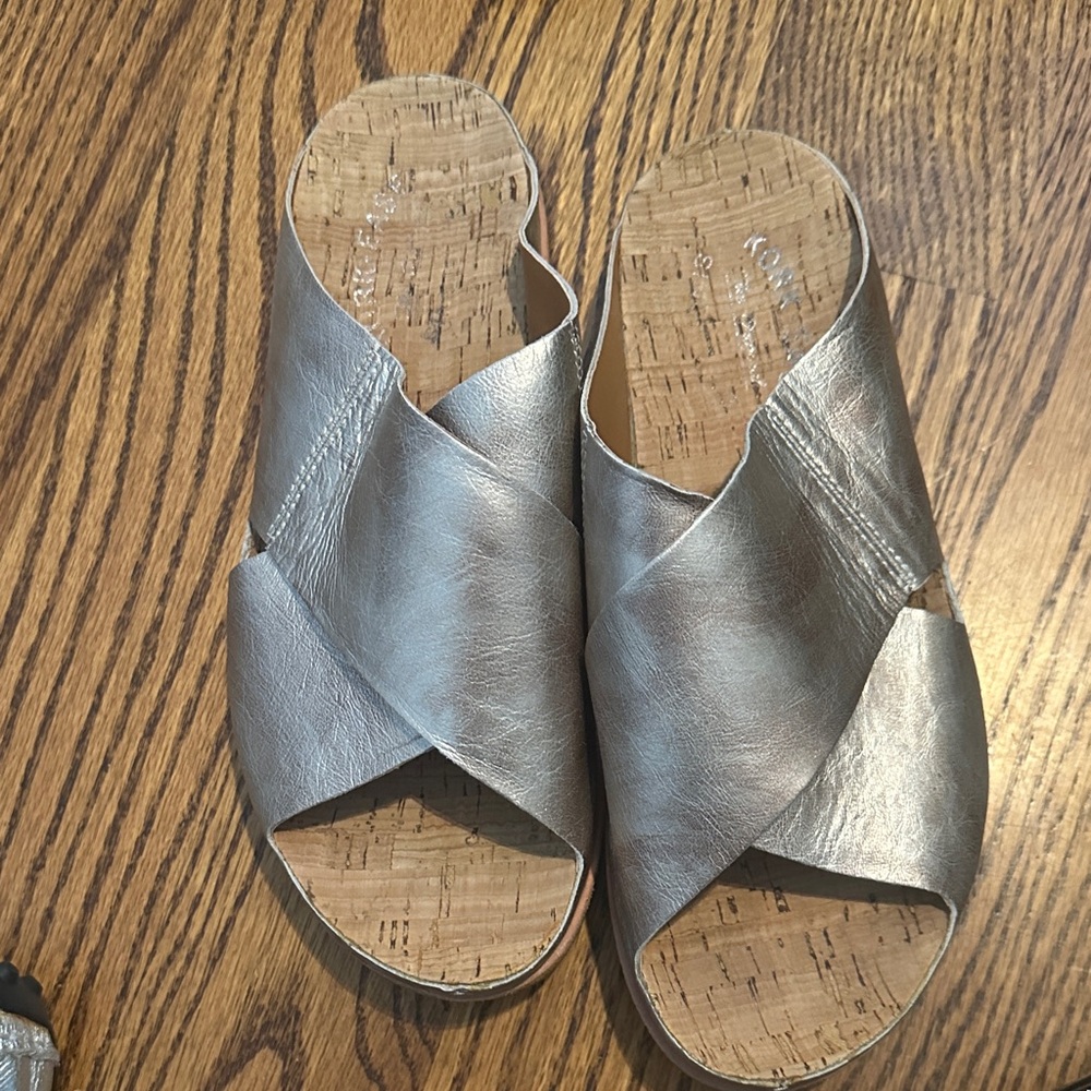 Kork-Ease Metallic Silver Crisscross Slide Mules